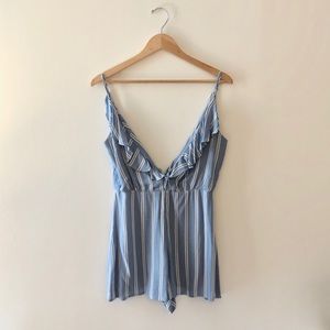 Ruffled romper in soft blue & white, never worn!